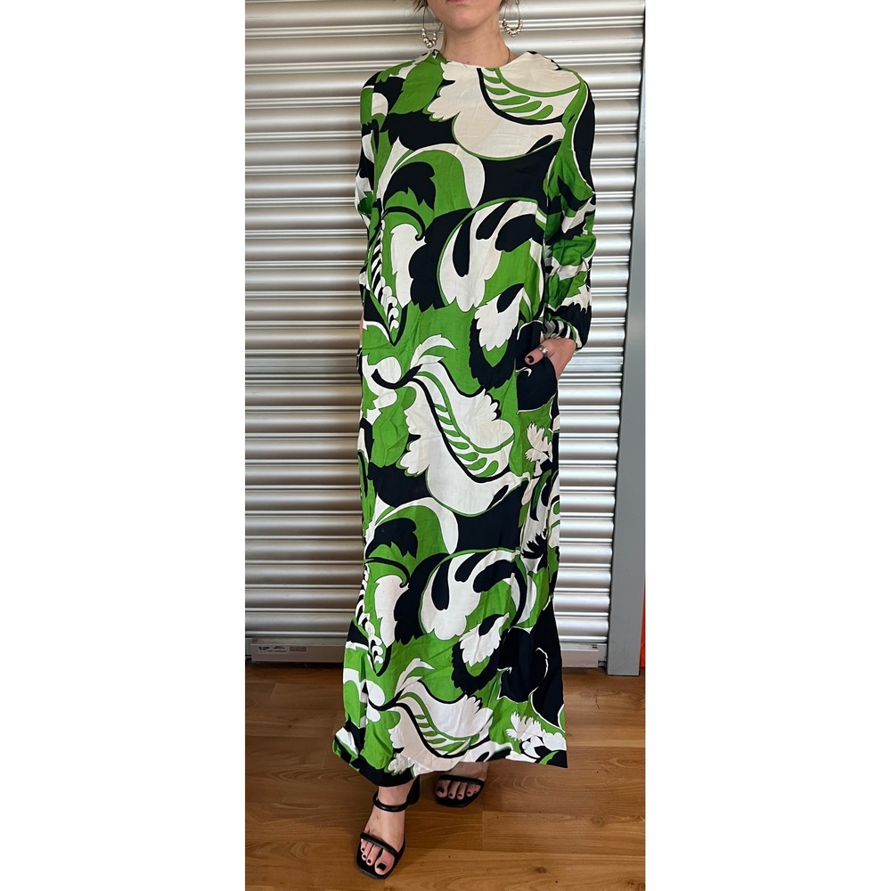 Vintage Vanity Fair Maxi Dress Green Black White Psychedelic Floral Pockets 14